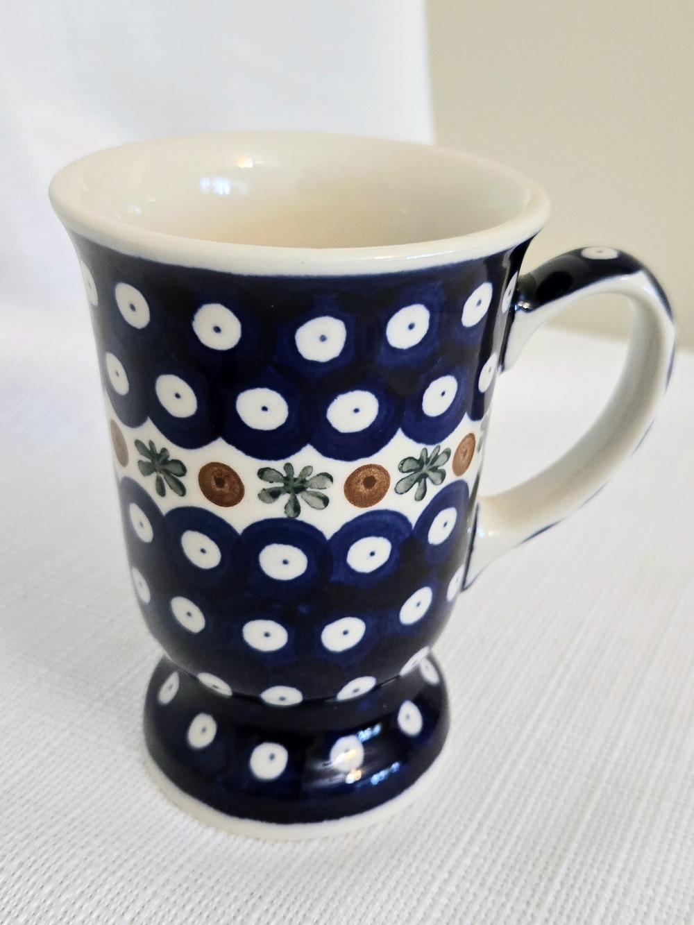 Polish Pottery Pedestal Coffee Mug Cup Blue Dot Floral Cottage Farmhouse